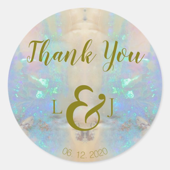 Adesivo Redondo Opal Gemstone Quartz Casamento Obrigado (Frente)