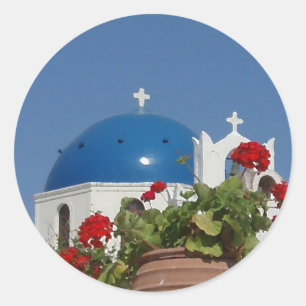 Adesivo Redondo Opiniões da igreja em Santorini, piscina