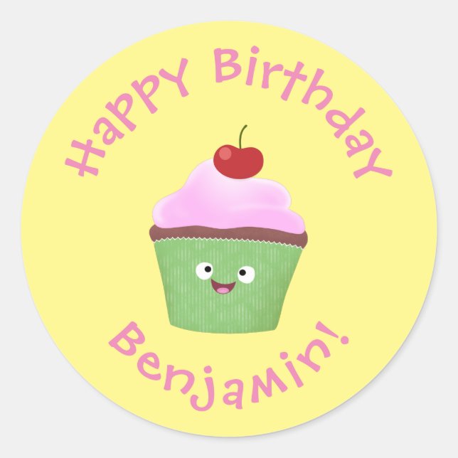 Adesivo Redondo Óptica ilustração do desenho animado do cupcake fe (Frente)