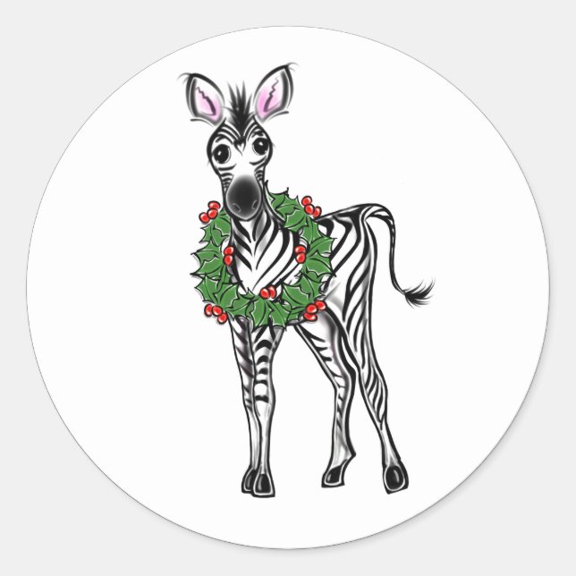 Adesivo Redondo Óptica Zebra do Natal - Ilustração Holly Wreath (Frente)