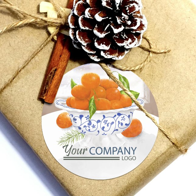 Adesivo Redondo Orangas de inverno Blue Floral Porcelain Holiday G (winter Christmas oranges company logo sticker or envelope seal, orange spice blue chinoiserie floral)