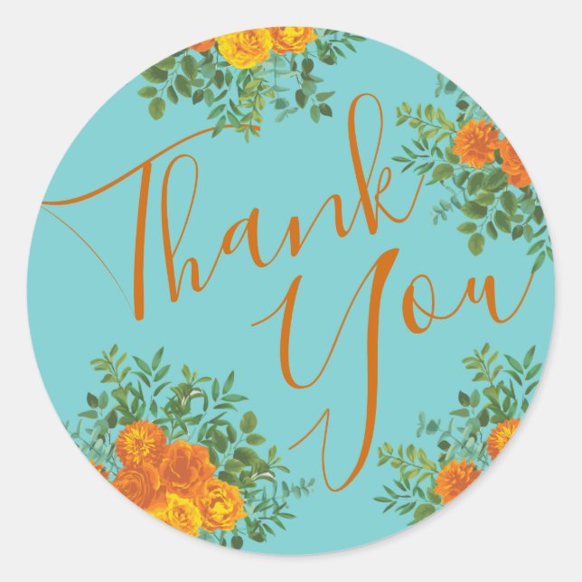 Adesivo Redondo Orange & Aqua Wedding Modern Floral (Frente)