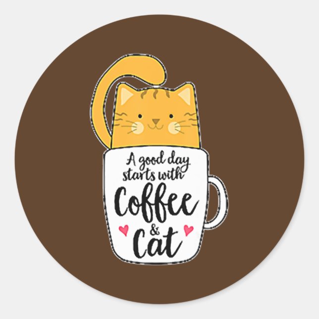 Adesivo Redondo Orange Cat Coffee Cute  (Frente)