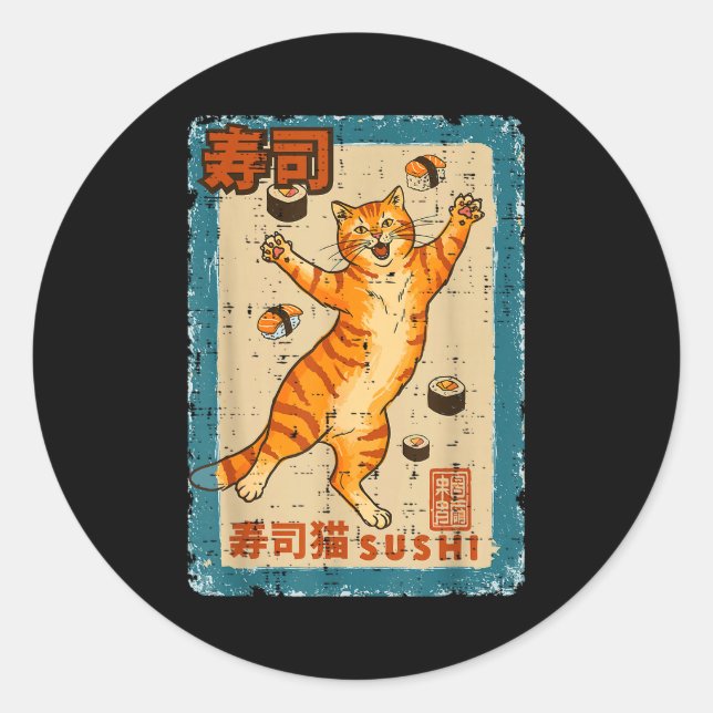 Adesivo Redondo Orange Cat Jumng With Sushi Japanese Food Men Wome (Frente)