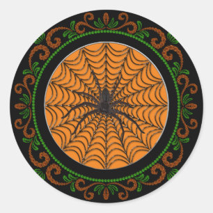 Adesivo Redondo Orange Green Spider Web E Black Spider Halloween