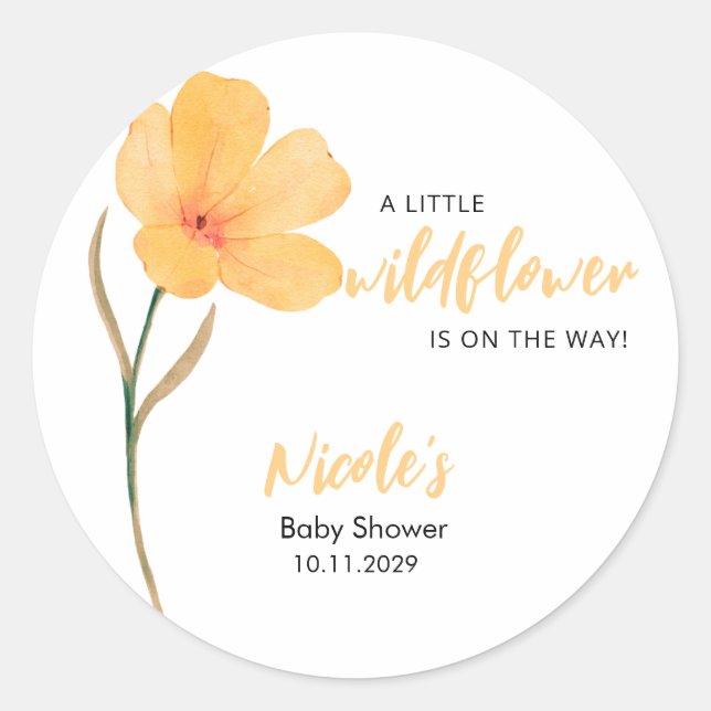 Adesivo Redondo Orange Little Wildflower On the Way Baby Shower (Frente)
