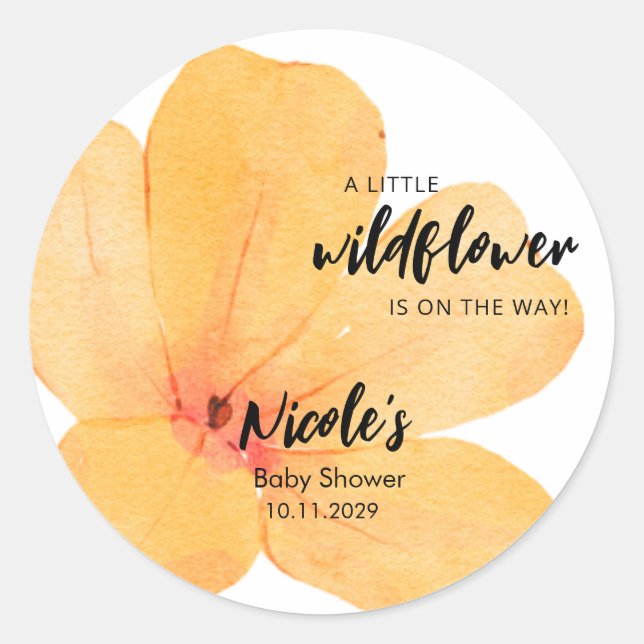 Adesivo Redondo Orange Little Wildflower On the Way Baby Shower (Frente)