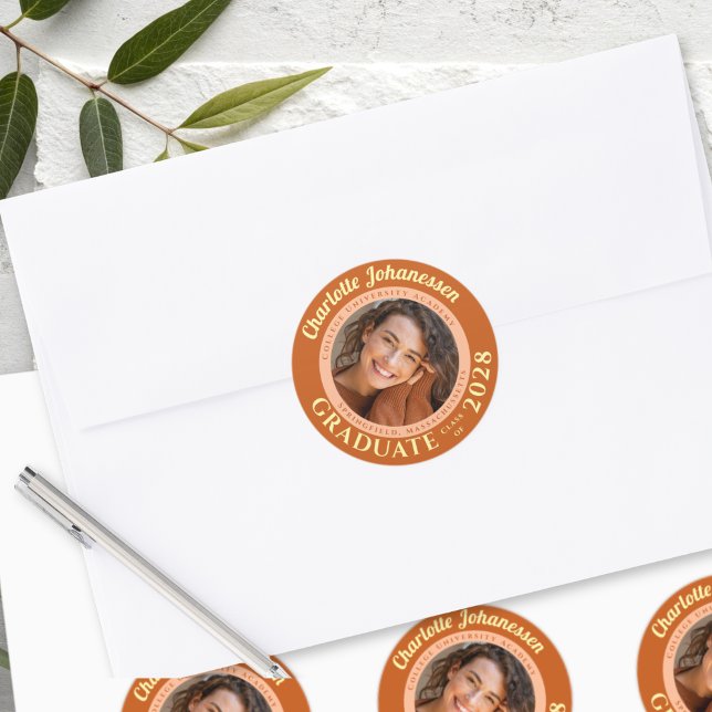 Adesivo Redondo Orange Modern Photo Graduation Envelope Seal (Criador carregado)