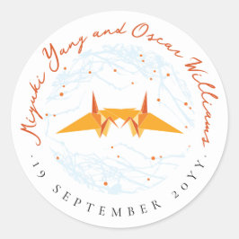 Adesivo Redondo Orange Origami Paper Cranes Ramificações Asiáticas