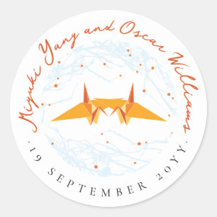 Adesivo Redondo Orange Origami Paper Cranes Ramificações Asiáticas