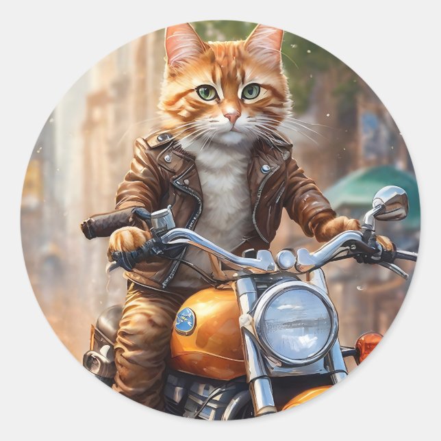 Adesivo Redondo Orange Tabby Cat Out for a Motorcycle Ride (Frente)