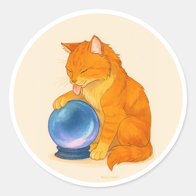 Adesivo Redondo Orange Tabby cat with blue crystal ball  (Frente)