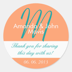 Adesivo Redondo Orange Teal Simple Casamento Inicial Favor Obrigad