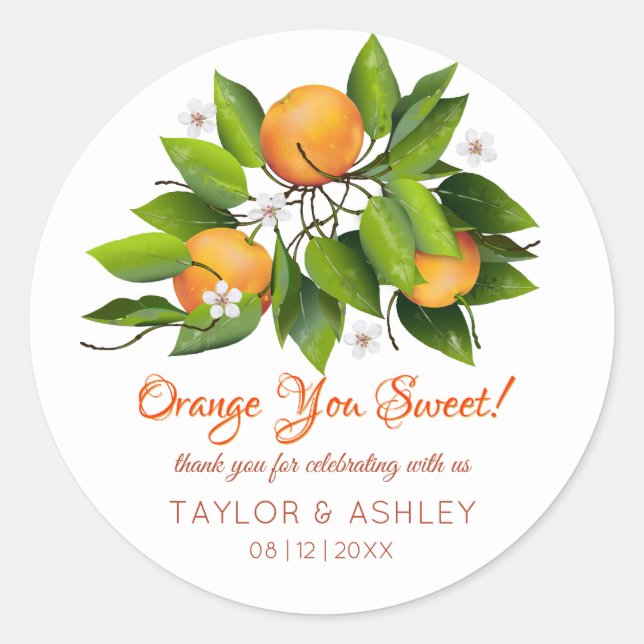 Adesivo Redondo Orange You Sweet Fruta | Casamento (Frente)