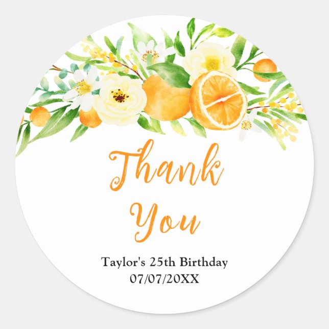 Adesivo Redondo Oranges Citrus Birthday Party Thank You (Frente)