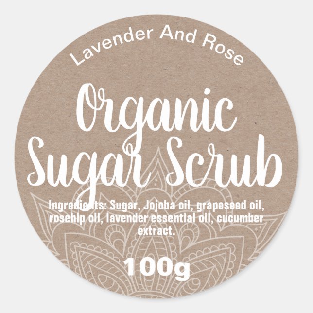 Adesivo Redondo Orgânico Kraft Mandala Sugar Scrub (Frente)