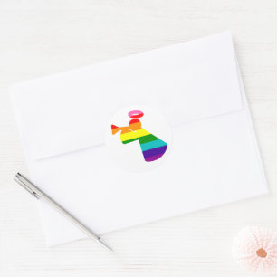 Adesivo Redondo Orgulho LGBTQ Anjo de Trompete de Natal Arco-Íris