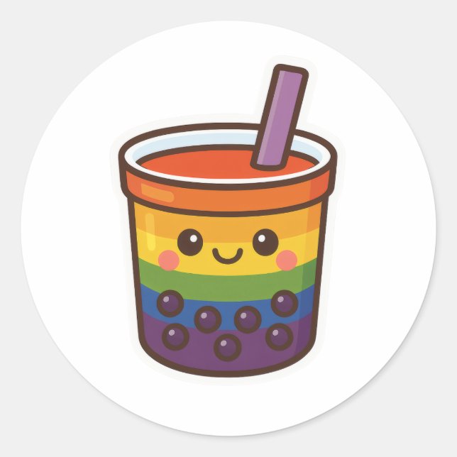 Adesivo Redondo Orgulho LGBTQ+ do Rainbow Bubble Tea (Frente)