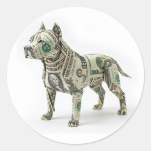 Adesivo Redondo Origami de Dinheiro Pitbull Cachorro