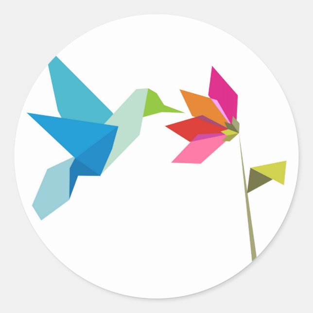 Adesivo Redondo Origami hummingbird e flor (Frente)