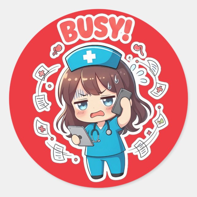 Adesivo Redondo Original Chibi Nurse 3.0 - Busy (Frente)