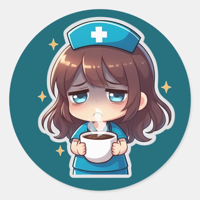 Adesivo Redondo Original Chibi Nurse - Coffee with Tired (Frente)