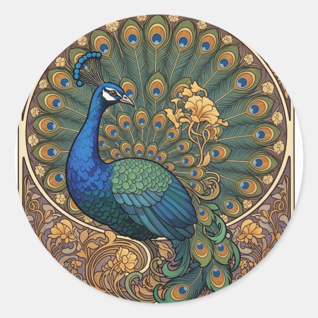 Adesivo Redondo Ornamentado Art Nouveau Peacock (Frente)