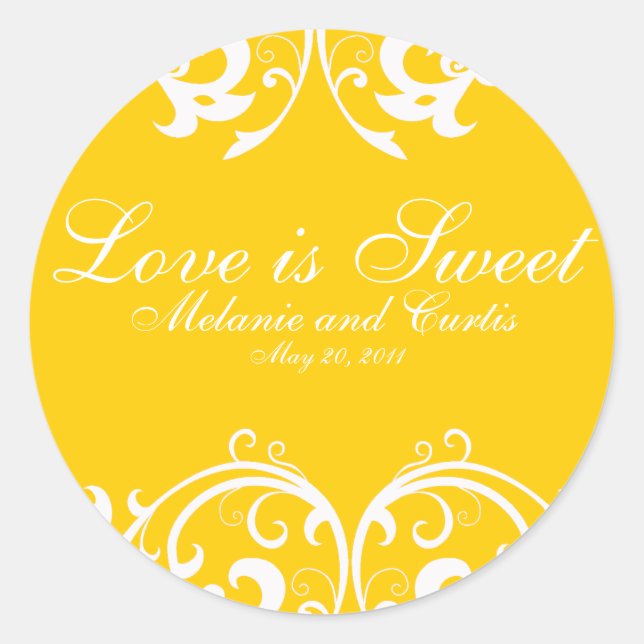 Adesivo Redondo Ornamentado Branco Amarelo Amor É Doce (Frente)