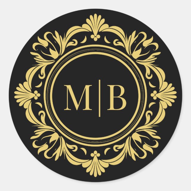 Adesivo Redondo Ornamentado Floral Monograma Casamento Negro Elega (Frente)