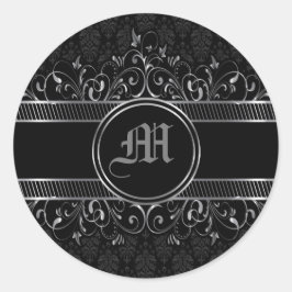 Adesivo Redondo Ornamentado Gótico Preto e Prateado Monograma