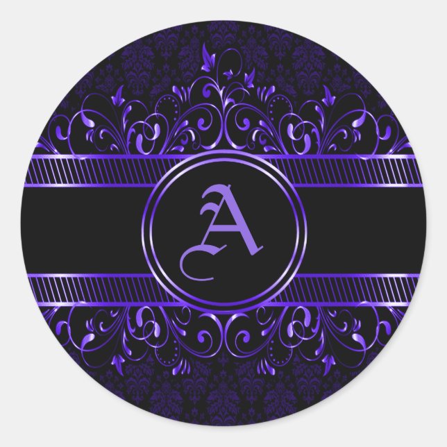 Adesivo Redondo Ornamentado Gótico Preto e Roxo Monograma (Frente)