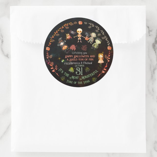 Adesivo Redondo Ornamento Feliz dos Monstros de Halloween (Bolsa)