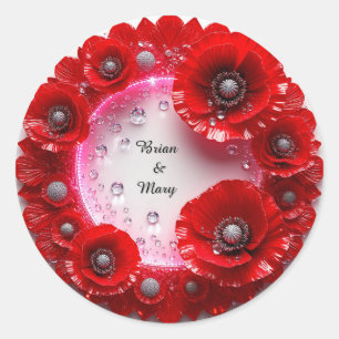 Adesivo Redondo Ornamento Floral de Casamento com Flores Vermelhas