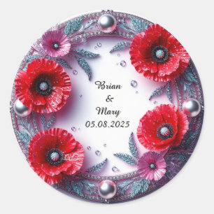 Adesivo Redondo Ornamento Floral de Casamento com Flores Vermelhas