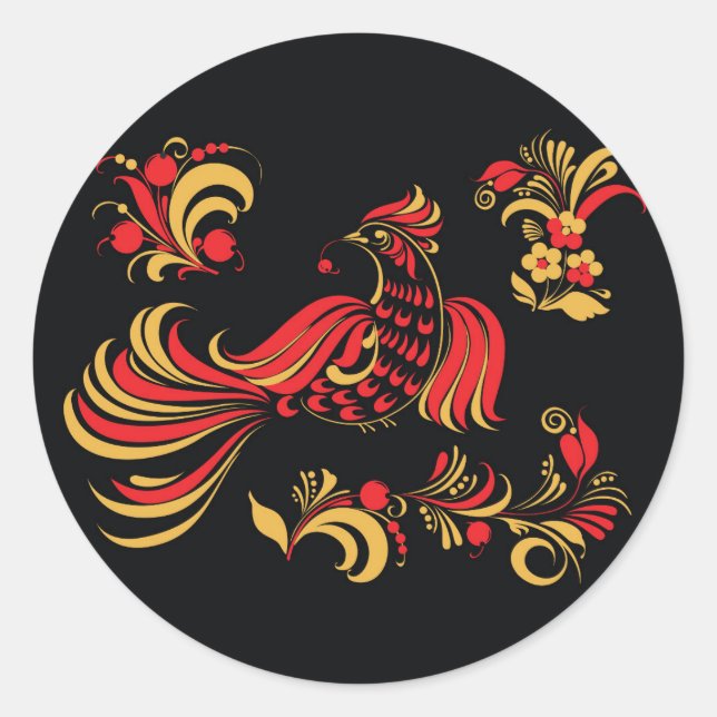 Adesivo Redondo ornamento nativo russo de aves (Frente)