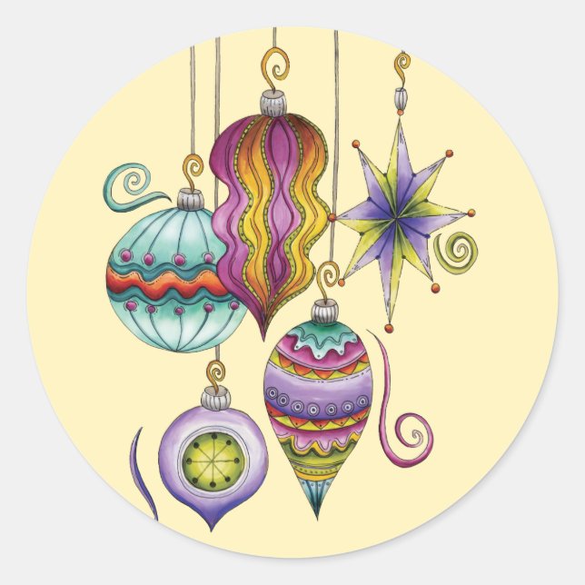 Adesivo Redondo Ornamentos de Natal, Elegante e Vidro Rico (Frente)