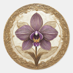 Adesivo Redondo Orquídea Elegante em Moldura Dourada Intrincada