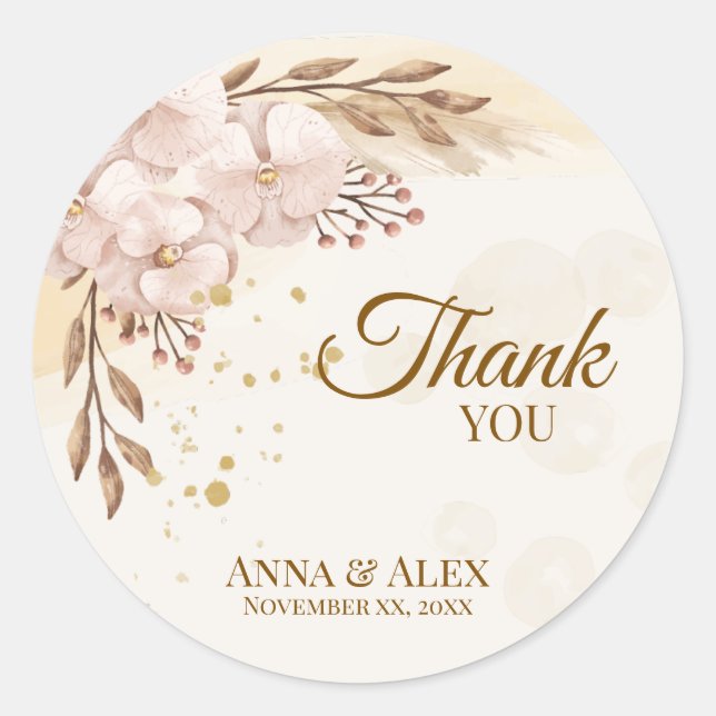 Adesivo Redondo Orquídea Rosa Boho Rústico e Aquarela Dourada (Frente)