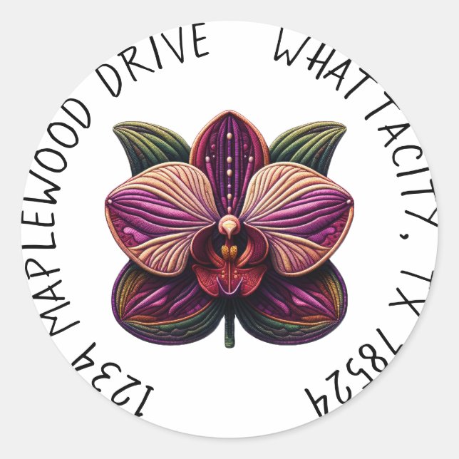 Adesivo Redondo Orquídea Roxa com Endereço de Devolução (Frente)