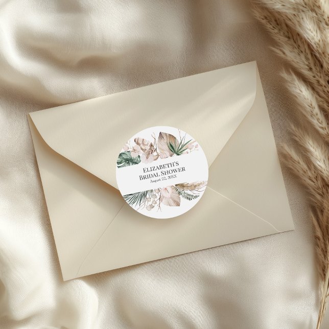 Adesivo Redondo Orquídea tropical e Chá de panela Monstera (Tropical Orchid and Monstera Bridal Shower Classic Round Sticker on an elegant envelope.)