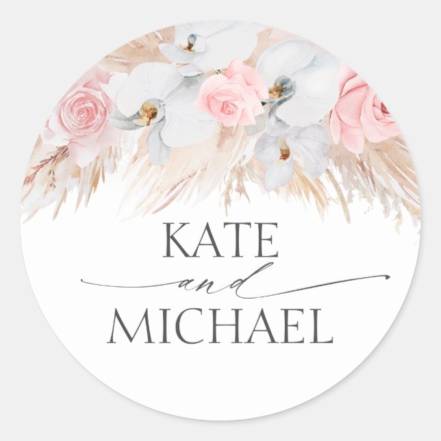 Adesivo Redondo Orquídeas Brancas e Casamento Rosa Pampas (Frente)