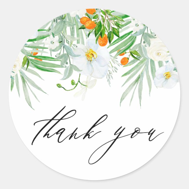 Adesivo Redondo Orquídeas e Kumquats em Aquarela Agradecimento de  (Frente)