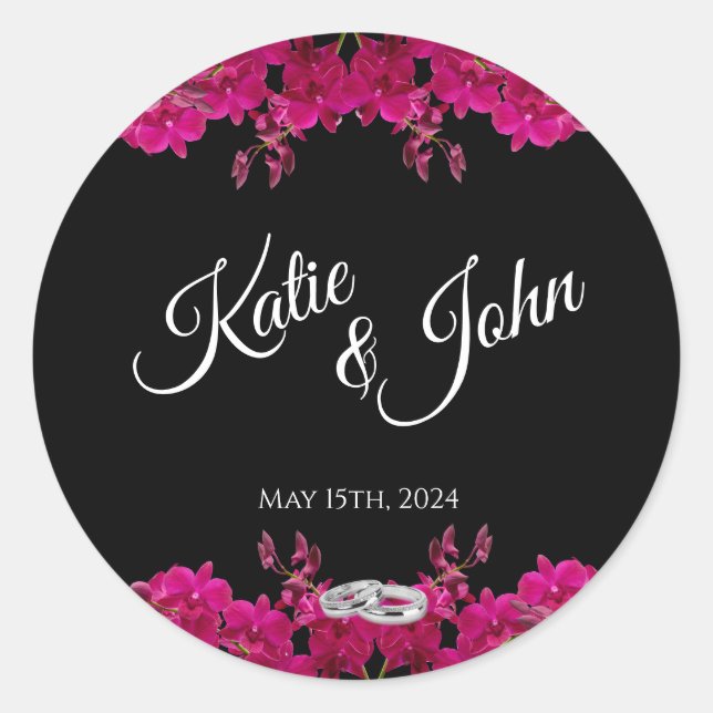 Adesivo Redondo Orquídeas Fuchsia sobre Anéis de Casamento Negro- (Frente)