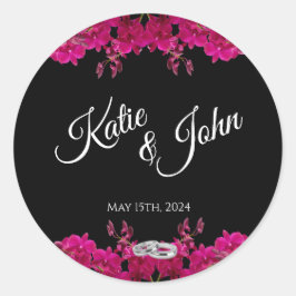 Adesivo Redondo Orquídeas Fuchsia sobre Anéis de Casamento Negro-