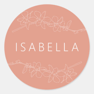 Adesivo Redondo Orquídeas Nome Personalizado Floral Mínimo Saumon