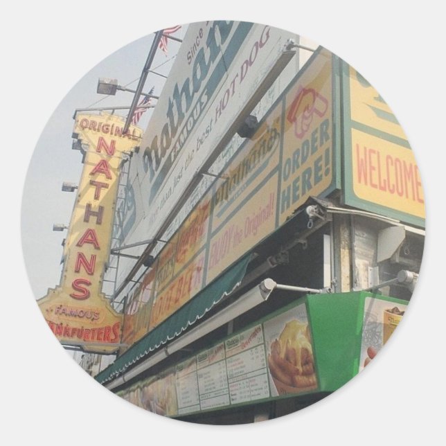 Adesivo Redondo Os Famosos Vedantes de Cães Quentes de Nathan (Frente)