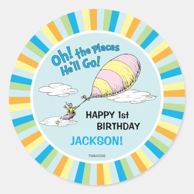 Adesivo Redondo Os Lugares Que Ele Vai! - Primeiro aniversário (Frente)