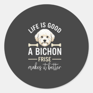 Adesivo Redondo Ossos de Cão Bichon Frise com Pelo Branco Life Is