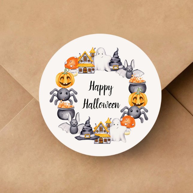 Adesivo Redondo Ótima ilustração do Dia das Bruxas Feliz (Cute Happy Halloween Illustration Classic Round Sticker)