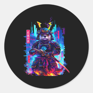 Adesivo Redondo Otter Katana Ciberpunk Neon Samurai Arte Japonês